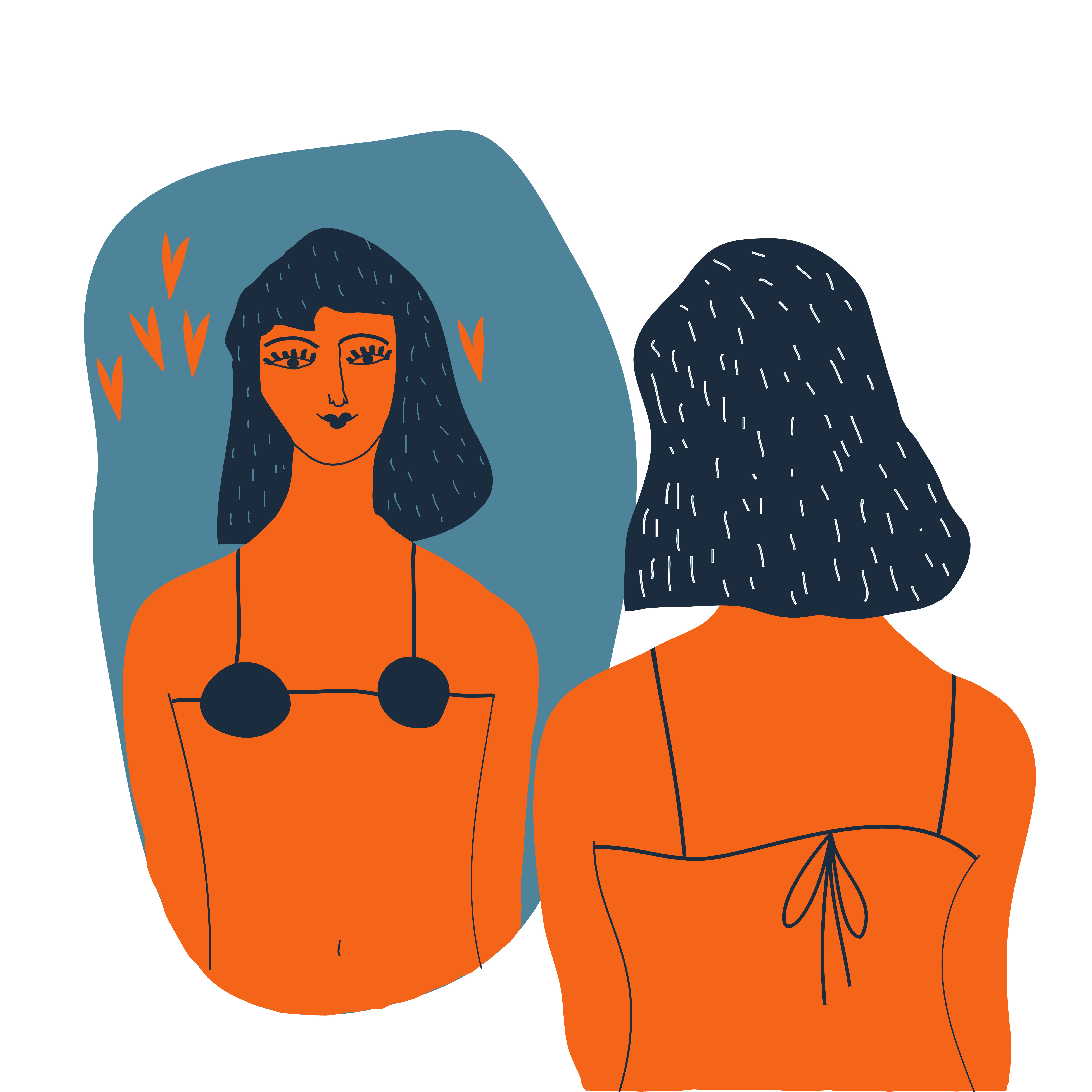 Illustration of a woman in a bra smiling at her reflection in a mirror, surrounded by hearts