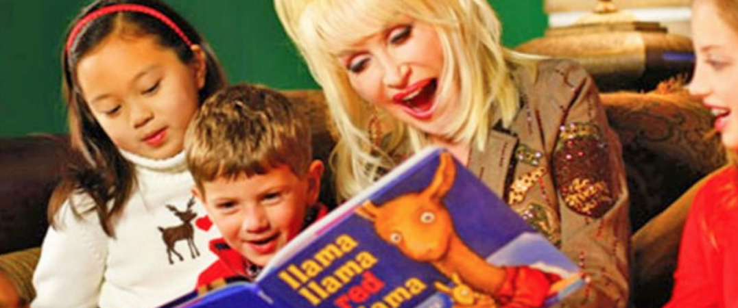 Dolly Parton reading Llama Llama Red Pajama aloud to a group of children