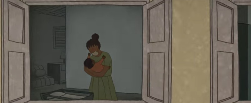 Animated still of a masked mother holding her baby inside a home, seen through an open window