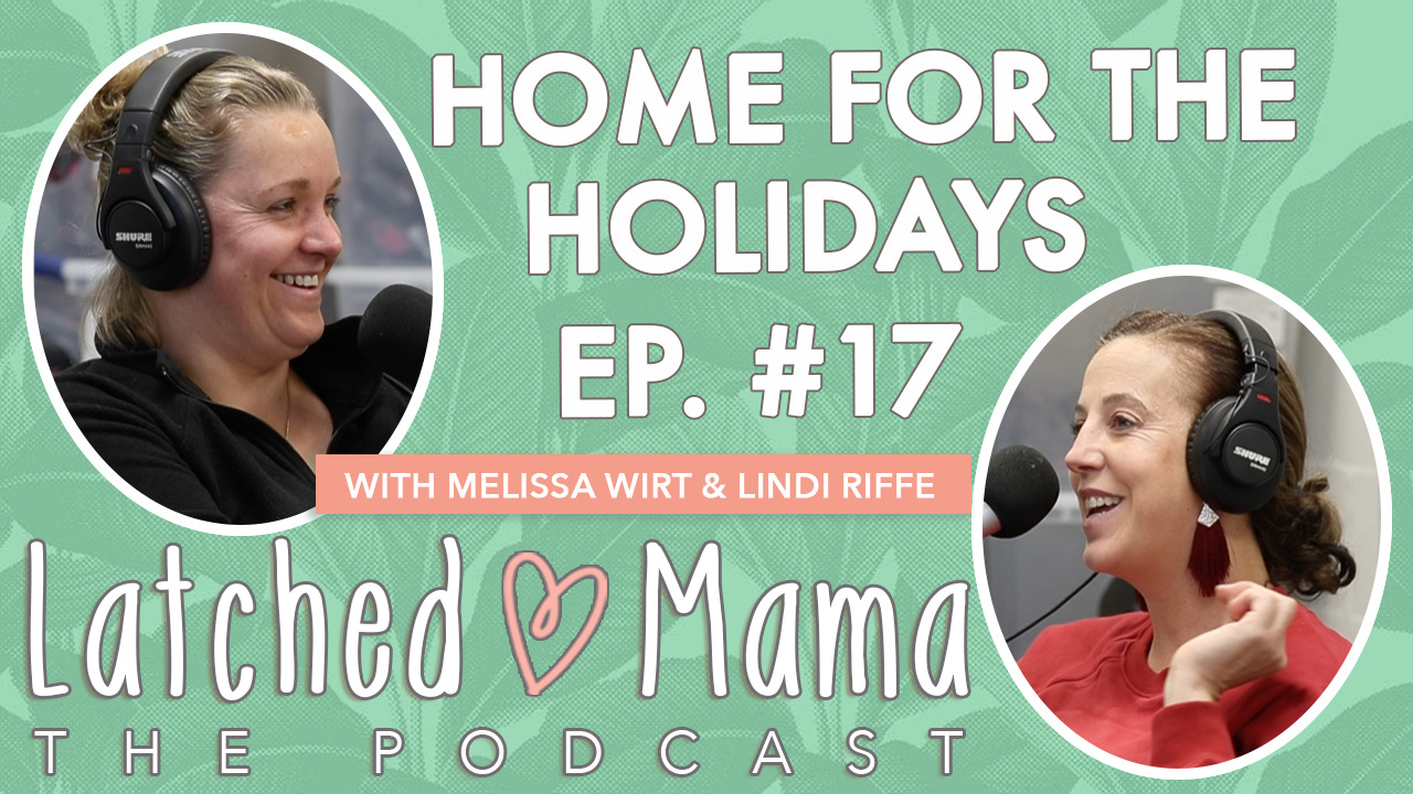 Latched Mama The Podcast title card: "Home for the Holidays," Ep. 17, with Melissa Wirt and Lindi Riffe at their microphones